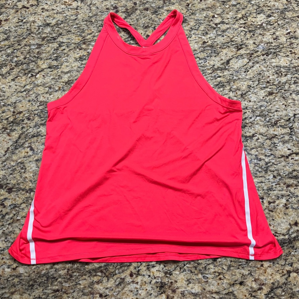 Athleta XL Pink High Neck Racerback Tank Top White Side Stripe Yoga Gym Workout
